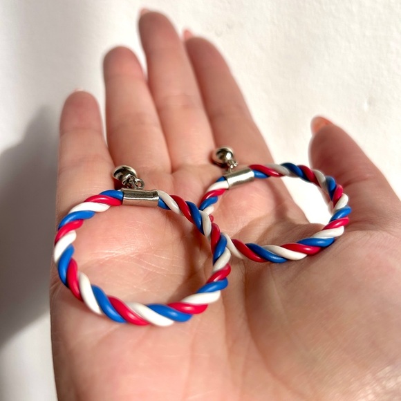 Vintage 60s/70s Red White Blue Hoop Earrings - Picture 3 of 4
